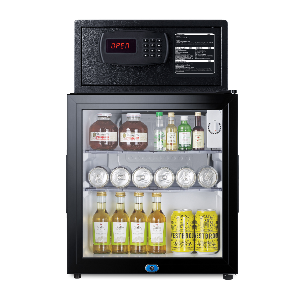 Compact minibar with front lock and glass door with an in-room hotel safe in black with digital keypad lock